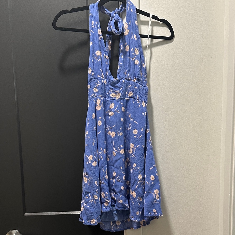 Lulu's Blue Floral Halter Dress with Peach Blooms